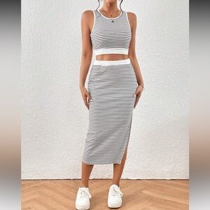 NWOT SHEIN Flirla Striped Print Tank Top & Split Thigh Skirt